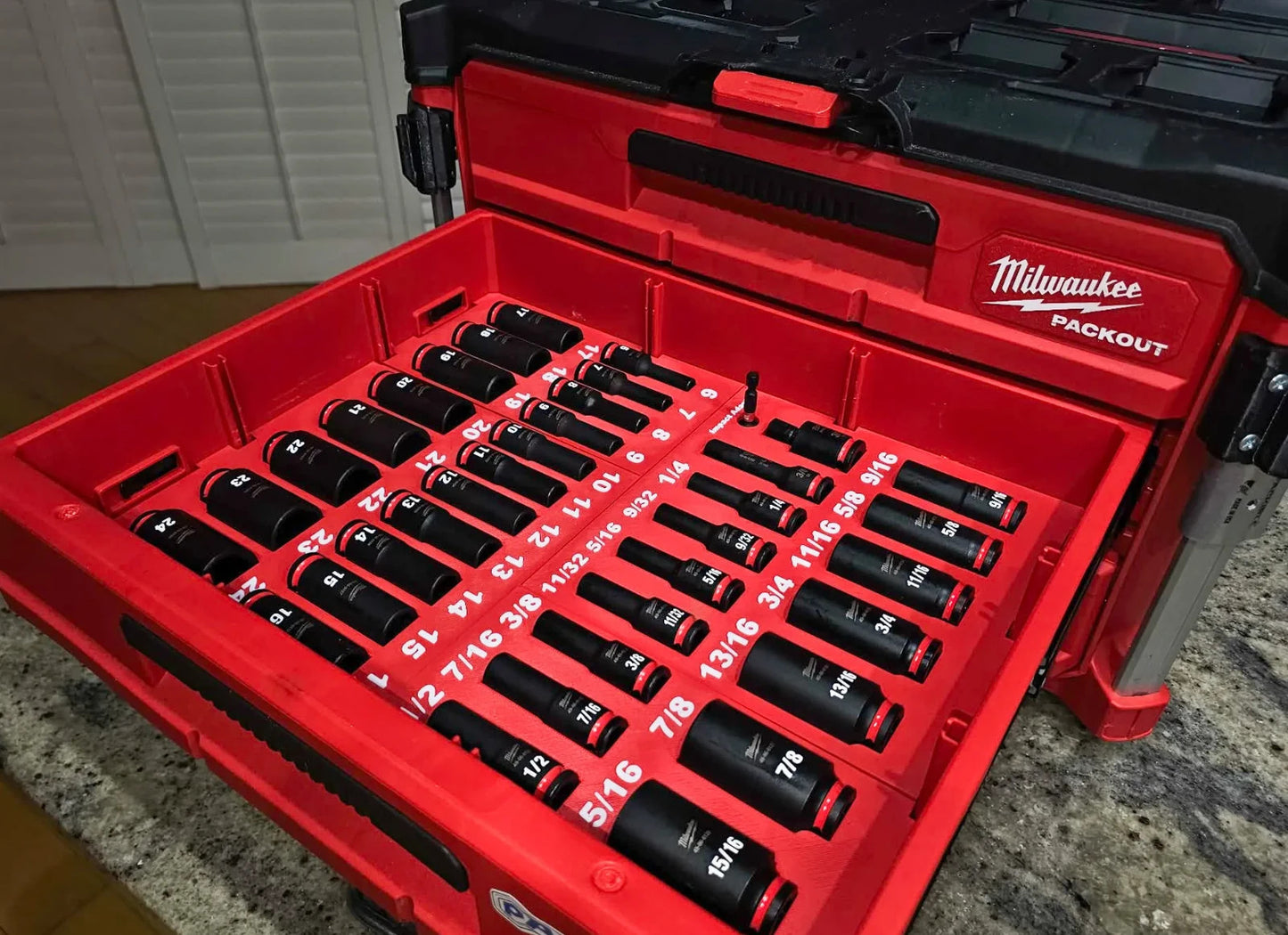 Dual 2 & 3 Drawer 3/8" 36PC Socket Milwaukee Packout Insert PETG Organizer