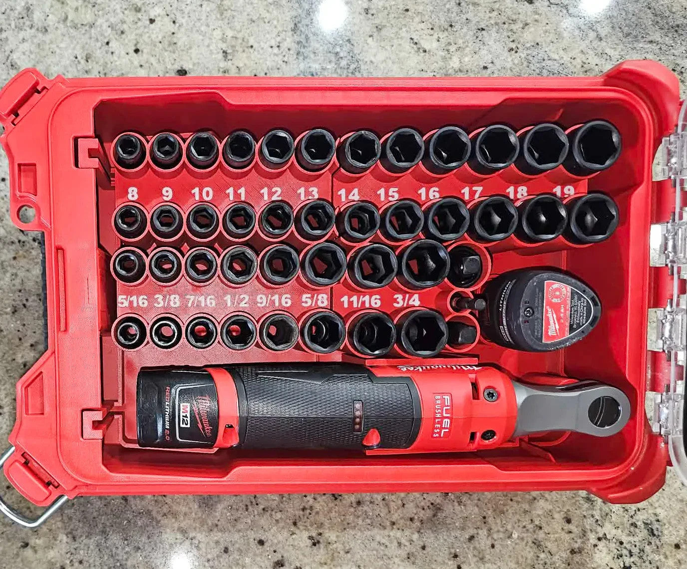 M12 Ratchet + 43PC Impact Socket Packout Insert PETG 3D Printed Organizer