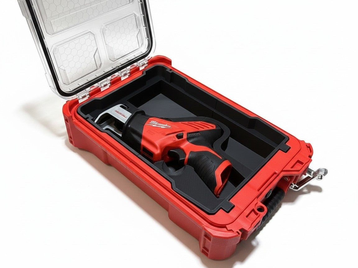 I LUV 3D PRINT custom molded black insert holding a Milwaukee M12 hacksaw inside a red Packout modular storage case.