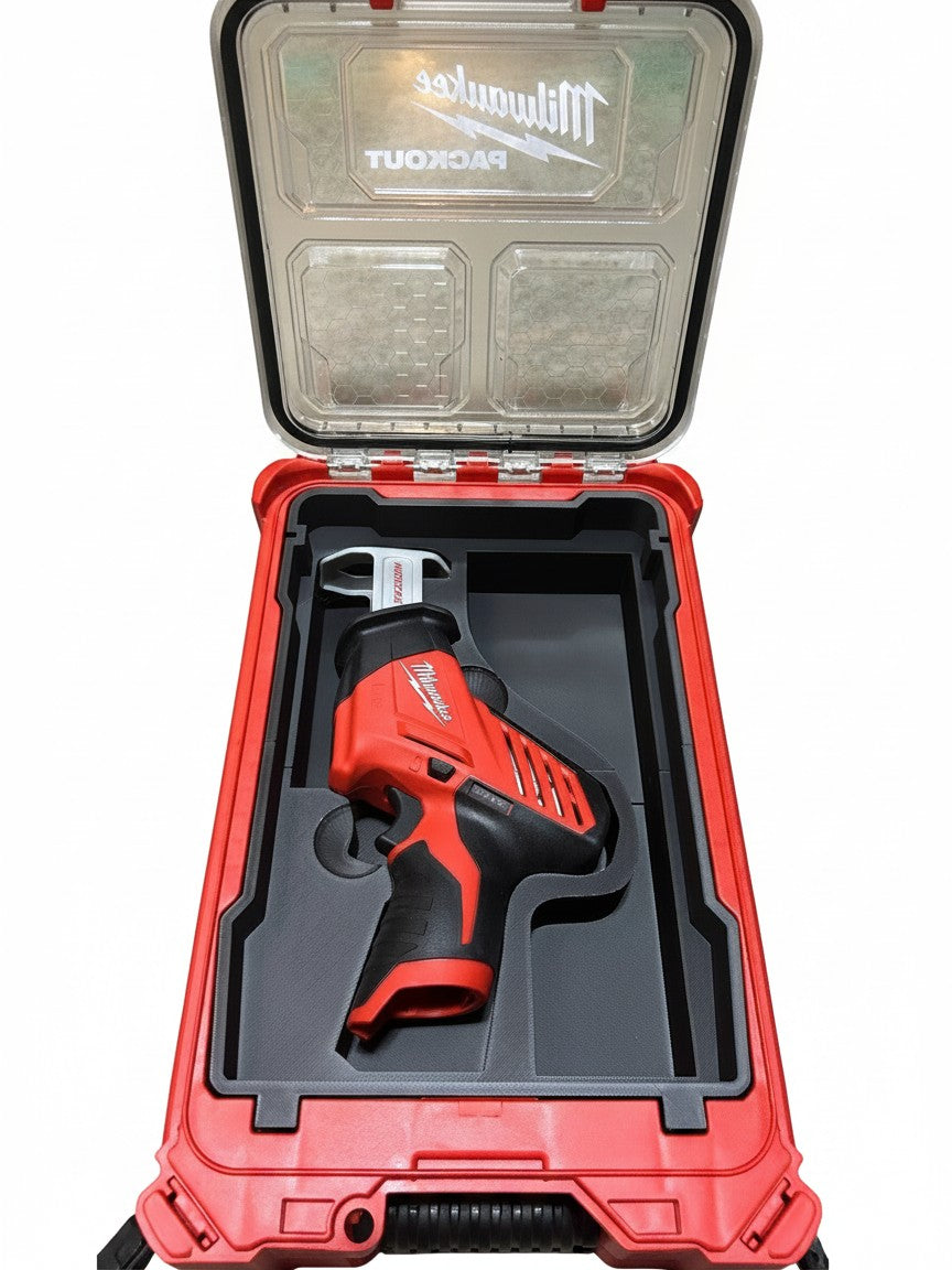 I LUV 3D PRINT custom black insert holding a Milwaukee M12 hacksaw inside a red Packout modular storage case.